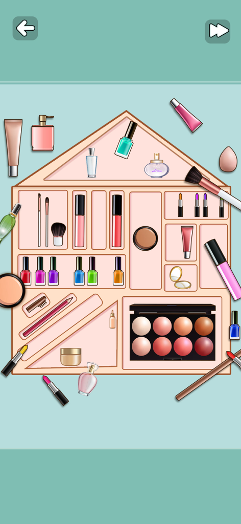 Satisjoy: Organize Tidy Puzzle - Una pantalla de juego móvil que muestra varios productos de maquillaje siendo ordenados en un organizador con forma de casa para un rompecabezas de orden satisfactorio.