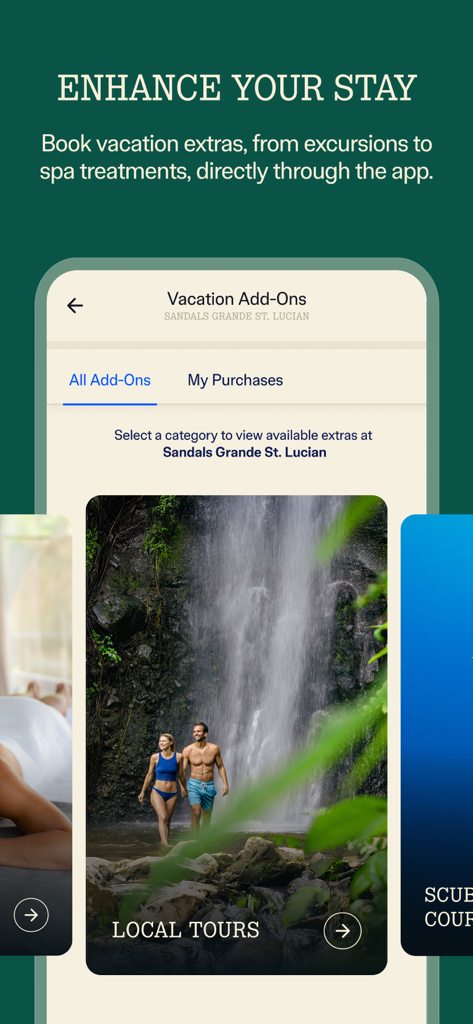 Sandals & Beaches Resorts - Schermata dell'app Sandals e Beaches per la prenotazione di extra per la vacanza e tour locali