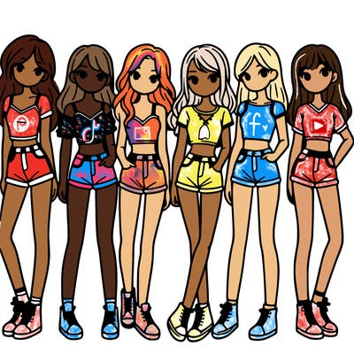 a group of girls wearing crop tops and shorts