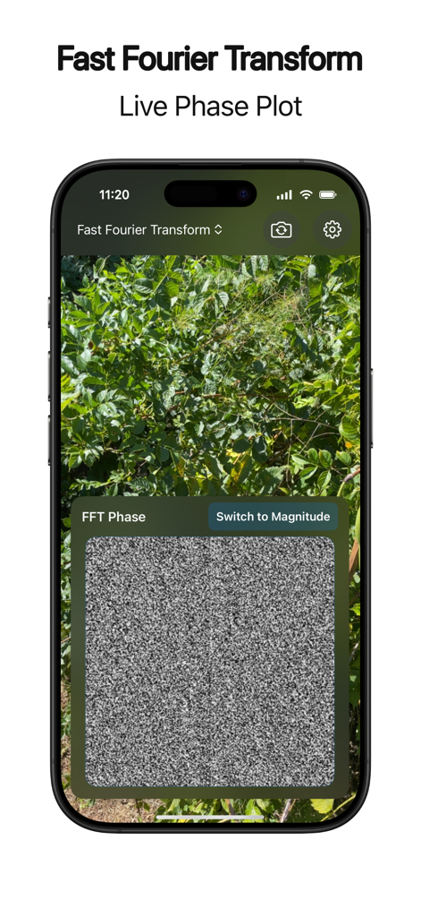 Image Toolkit Pro - Smartphone displaying the Image Toolkit Pro app with a real-time Fast Fourier Transform live phase plot over a camera feed.