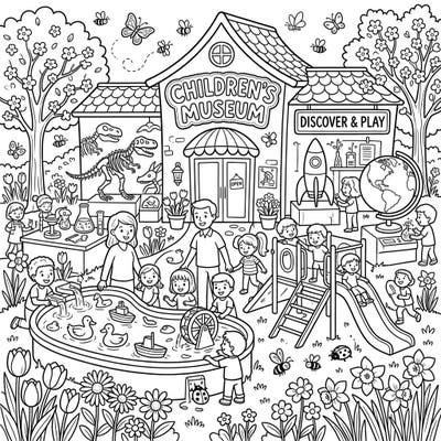Explore a lively children's museum, bustling with activities and springtime beauty. This engaging coloring page captures the spirit of discovery and play for young artists.