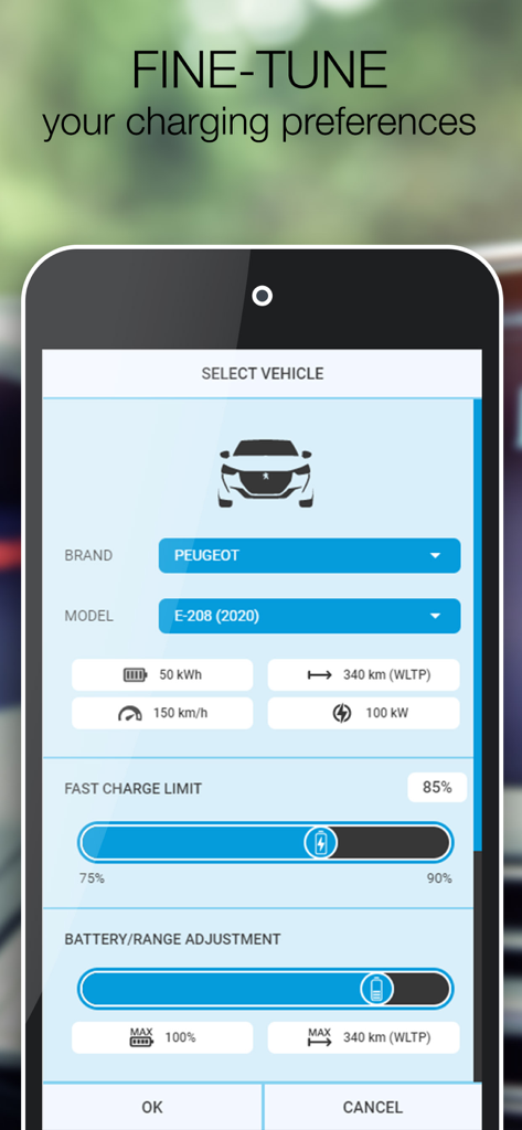 Interfaz de la aplicación Navegación para VE para seleccionar un coche eléctrico y ajustar la configuración de la batería y la carga.
