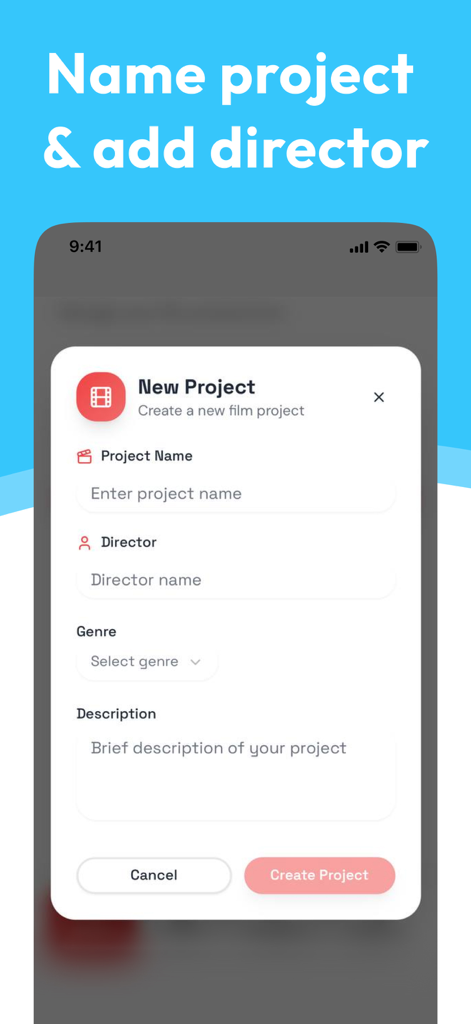 OnTs: Shotlist Organizer - Interface para criar um novo projeto de filme com campos para nome do projeto, diretor e gênero
