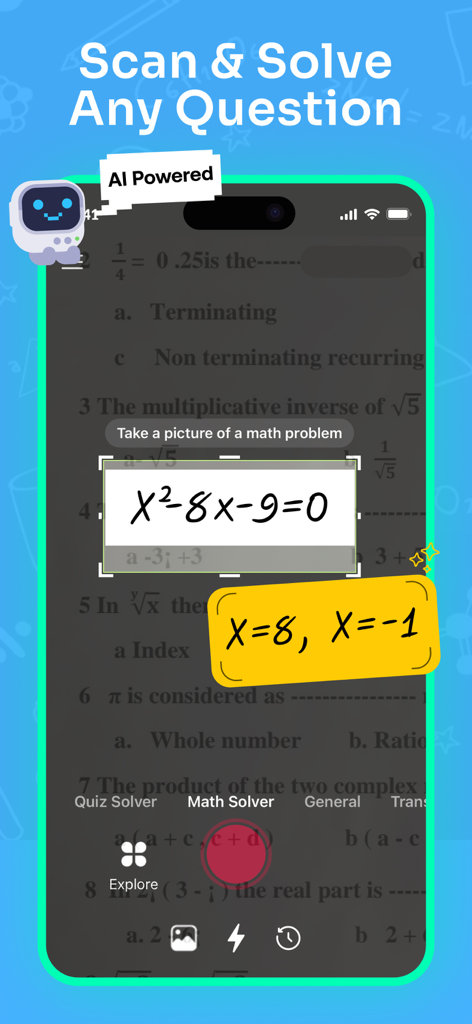 Math Solver:AI Homework Helper - Interface do aplicativo Math Solver digitalizando uma equação quadrática e exibindo a solução.
