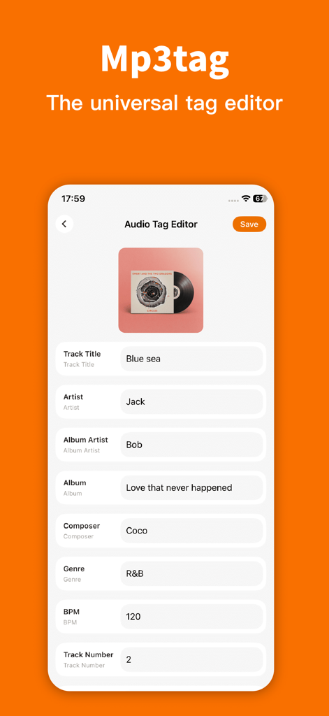 Mp3tag - Music Tag Editor - Oberfläche der Mp3tag-App, die Felder zur Bearbeitung von Metadaten für Titel, Interpret und Album anzeigt