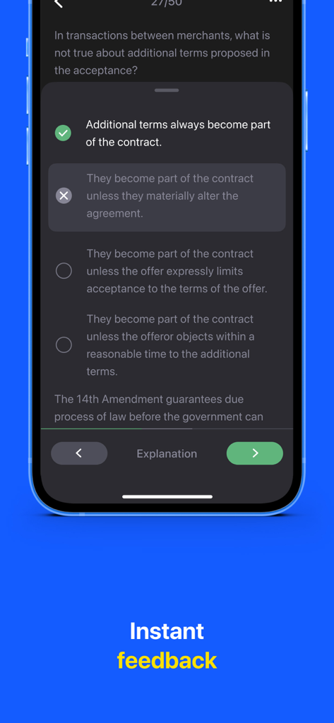 Bar Exam & MBE: Bar Prep - Interface of the Bar Prep Hero app showing an MBE practice question with instant feedback on the correct answer.