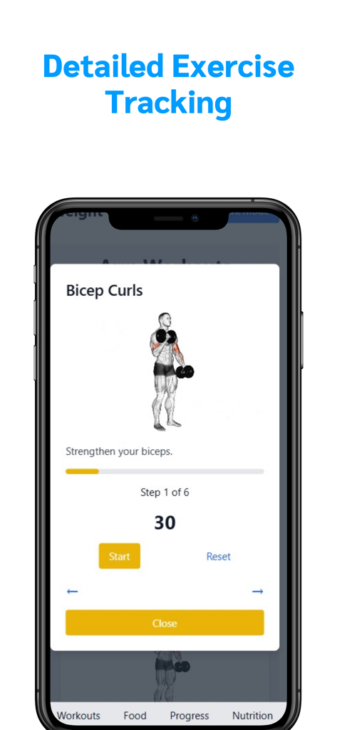Weight Gain Workouts & Food - Workout screen showing bicep curls exercise with step by step tracking