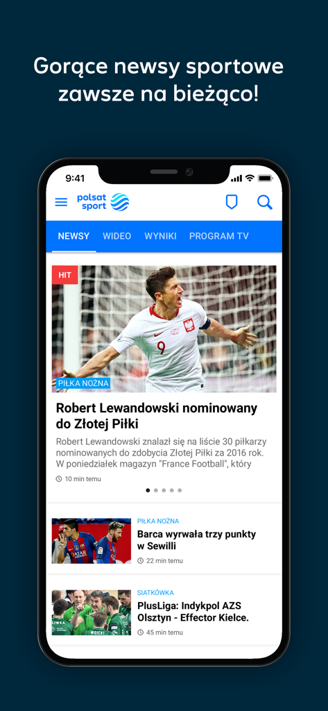 Polsat Sport mobile app news feed featuring a headline about Robert Lewandowski