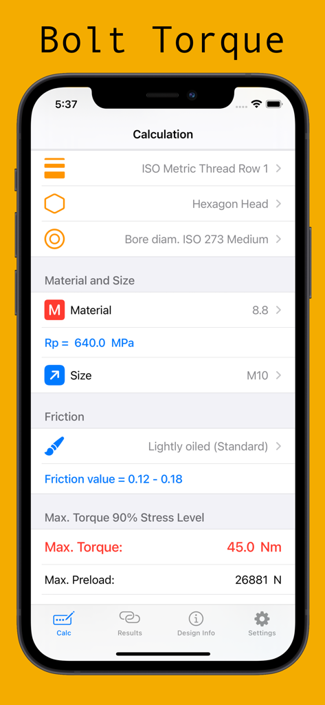 Bolt Torque - Bolt Torque app interface showing engineering calculations for an M10 bolt with material and friction parameters.