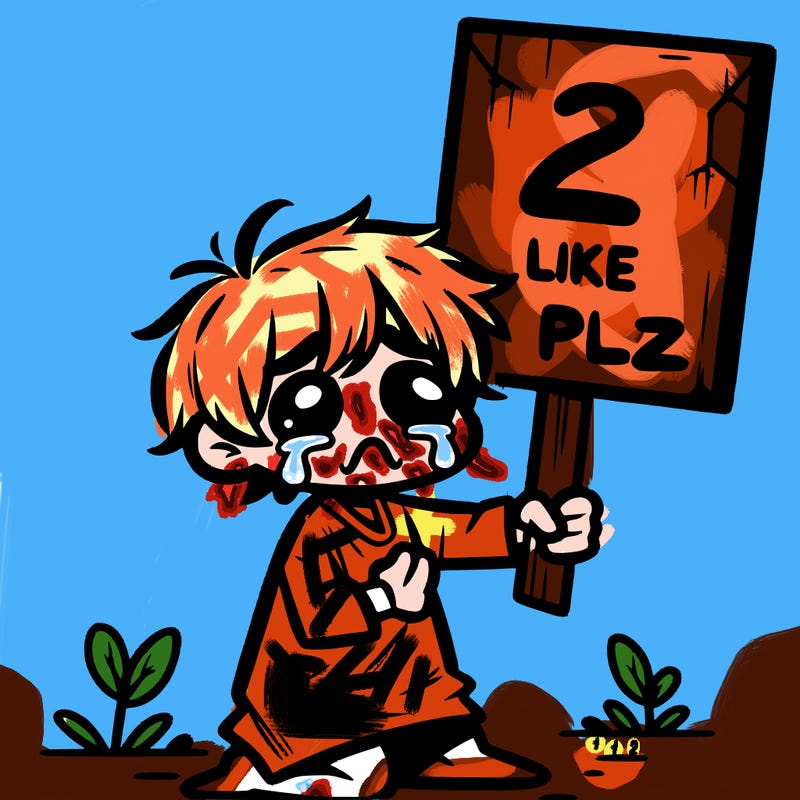 small poor toddler crying with sign that says 2 like plz