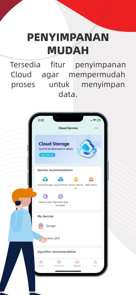 Pantalla de la aplicación móvil Proview CCTV que muestra la interfaz del servicio de almacenamiento en la nube y una lista de cámaras de seguridad conectadas.