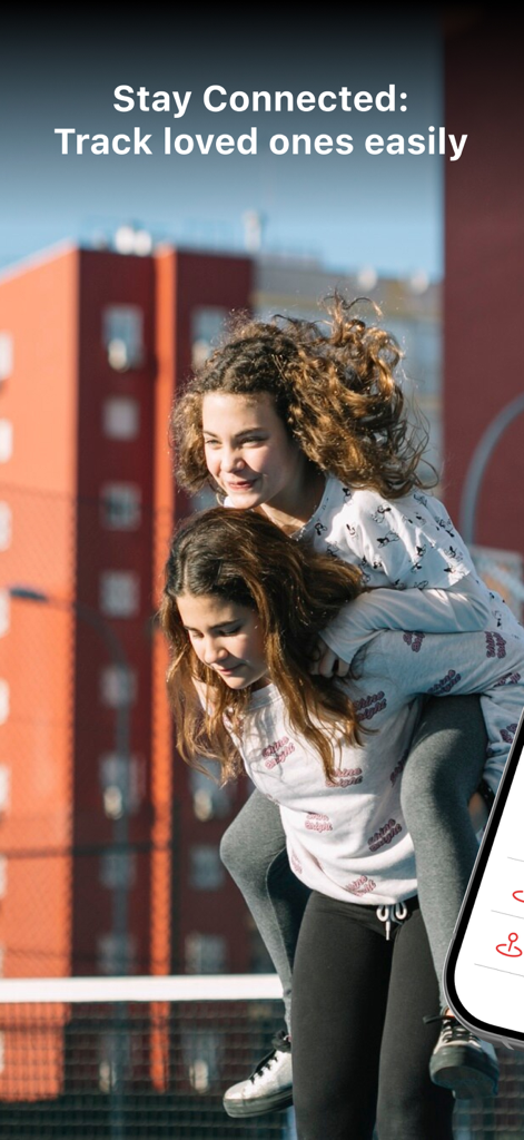Two happy friends playing outdoors with text overlay about staying connected and tracking loved ones easily