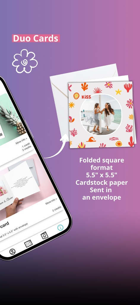 SimplyCards - custom postcard - A preview of a personalized folded duo card from the SimplyCards app including a custom photo and envelope