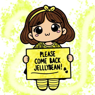 girl holding sign that says please come back jellybean!