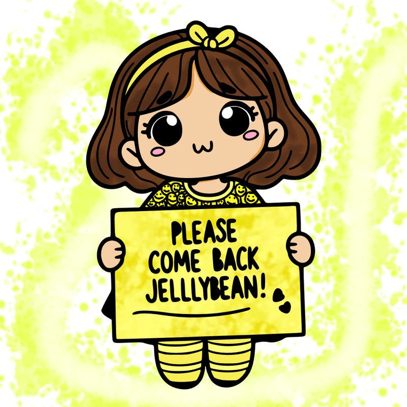 girl holding sign that says please come back jellybean!