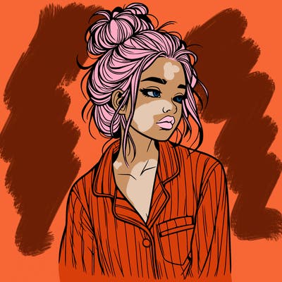 realistic woman with pajamas on and a messy bun