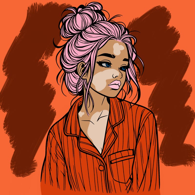 realistic woman with pajamas on and a messy bun