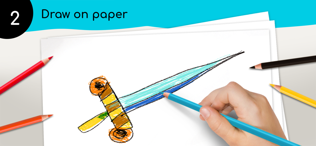 Wakatoon Interactive Cartoons - A child using a blue pencil to color a sword drawing on white paper.