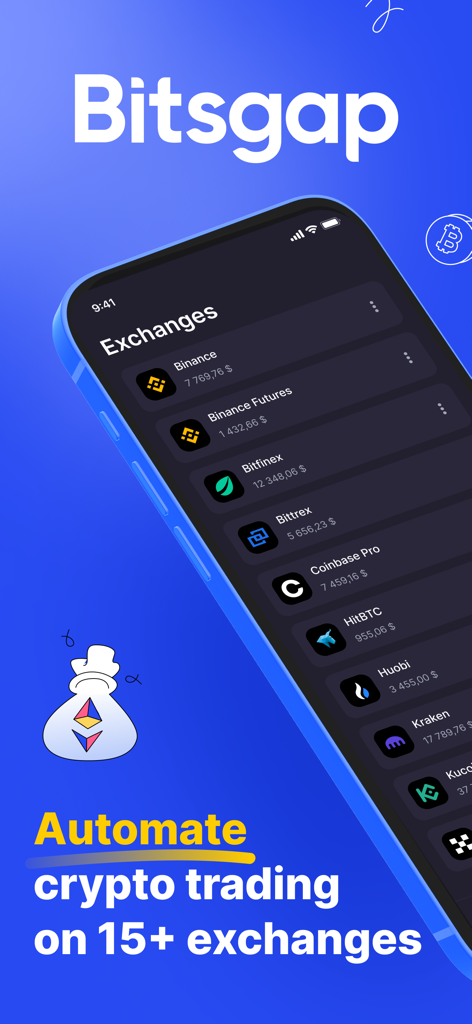 Bitsgap: Crypto Trading Bots - Bitsgap mobile app interface showing a list of connected cryptocurrency exchanges
