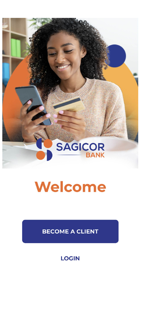 Sagicor Bank Barbados Limited - Sagicor Bank app welcome screen featuring a young woman holding a credit card and smartphone
