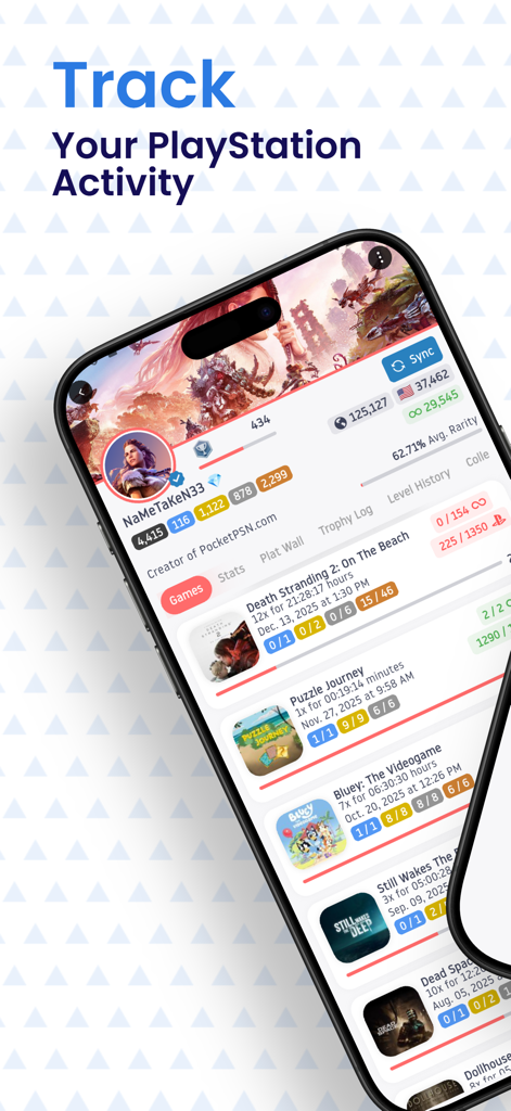 Interface do aplicativo Pocket PSN mostrando rastreamento de atividade PlayStation e estatísticas de troféus