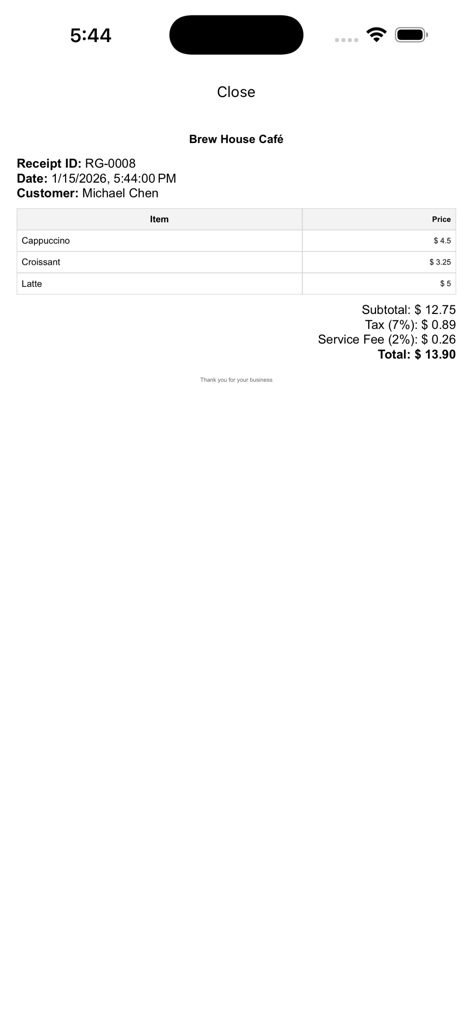 Ejemplo de un recibo digital profesional generado por la aplicación para el negocio de una cafetería