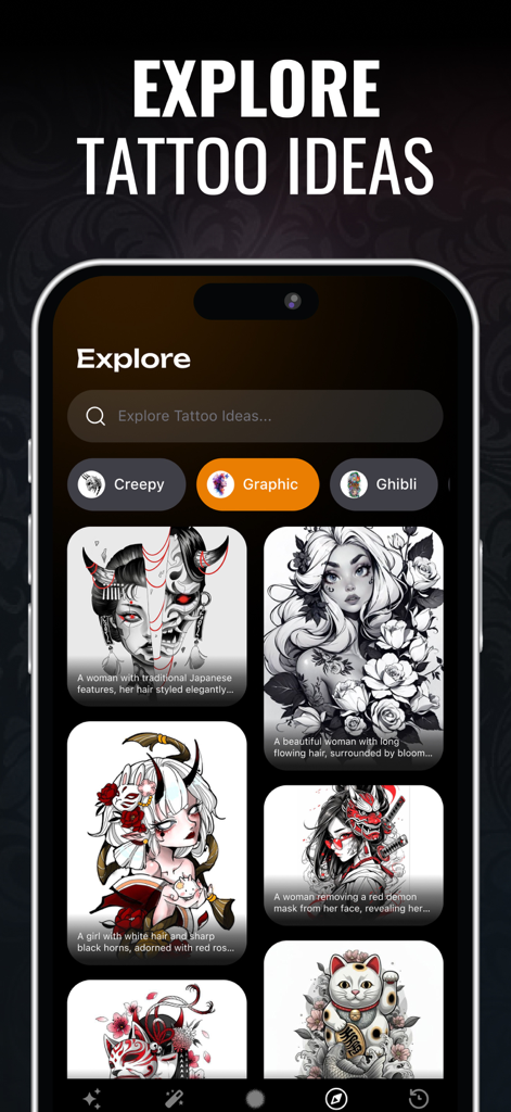 Benutzeroberfläche der Tattoo Generator App, die eine Galerie von KI-generierten Tattoo-Designs mit verschiedenen Kategorien wie Grafik und japanischen Stilen zeigt.
