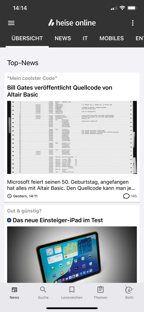 Oberfläche der heise online IT-Nachrichten-App, die die Top-Nachrichtenartikel im Bereich Technologie auf Deutsch anzeigt