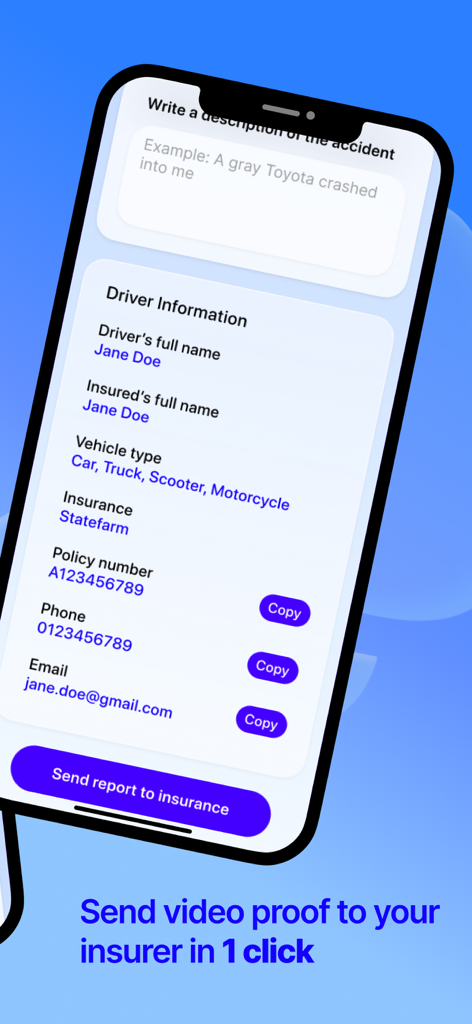 Weel: GPS & Dashcam - Oberfläche einer mobilen App mit Fahrerinformationen und einem Formular zur Unfallbeschreibung, um einen Bericht an die Versicherung zu senden