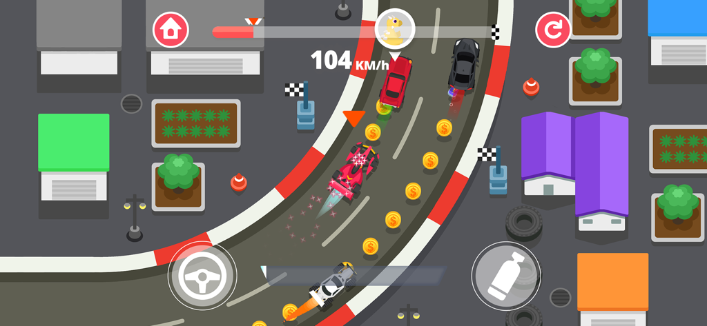 Coding for kids - Racing games - Top-down view of a colorful car racing game for kids featuring various vehicles and coins on a track.