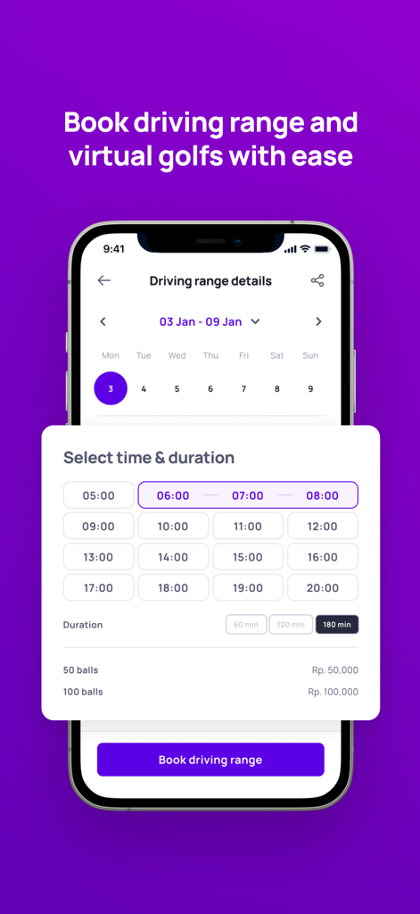 Swing - Multisport App - ドライビングレンジセッションの予約用モバイルアプリインターフェース。時間とボールのオプションあり