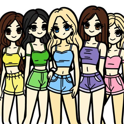 a group of girls wearing crop tops and shorts