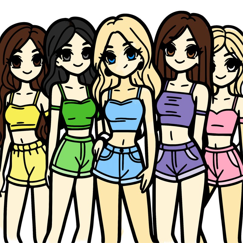 a group of girls wearing crop tops and shorts