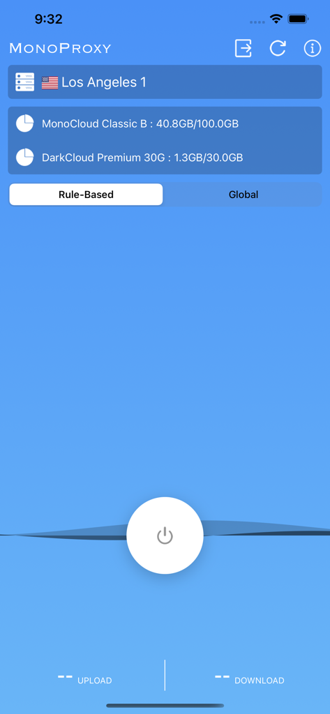 MonoProxy - MonoProxy mobile app dashboard showing server selection and connection button