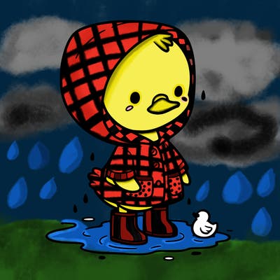 baby duck in a rain coat and boots, in a puddle while it’s raining