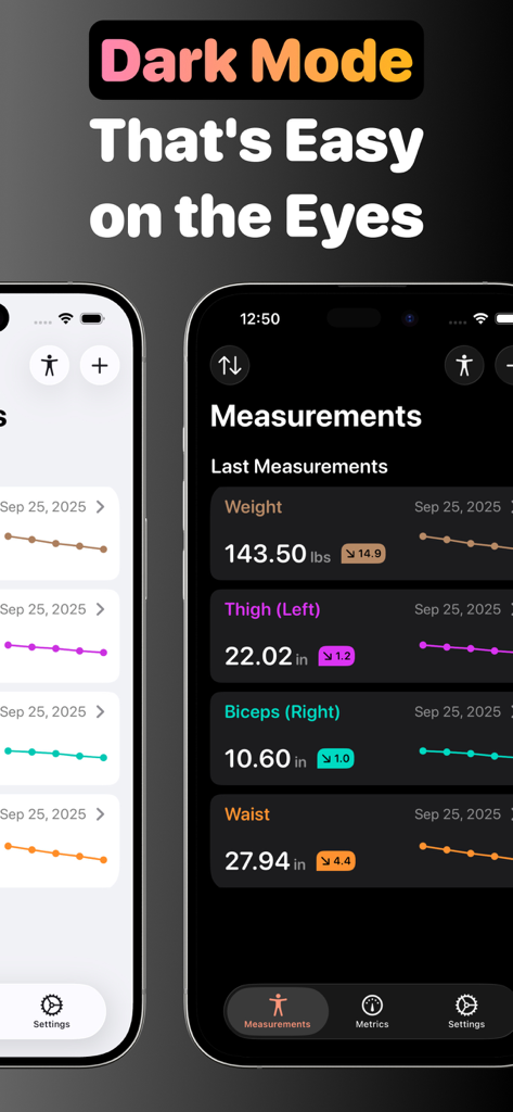 My Body Measurement Tracker - The My Body Measurement Tracker app interface in dark mode displaying fitness progress charts