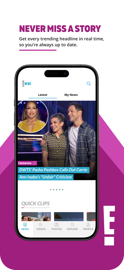 E! Newsモバイルアプリのインターフェース。最新のセレブリティニュースとトレンドの見出しを表示。