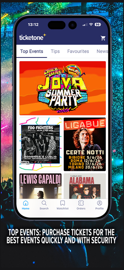 TicketOne - Tela inicial do aplicativo TicketOne exibindo os principais eventos como Jova Summer Party e shows do Foo Fighters