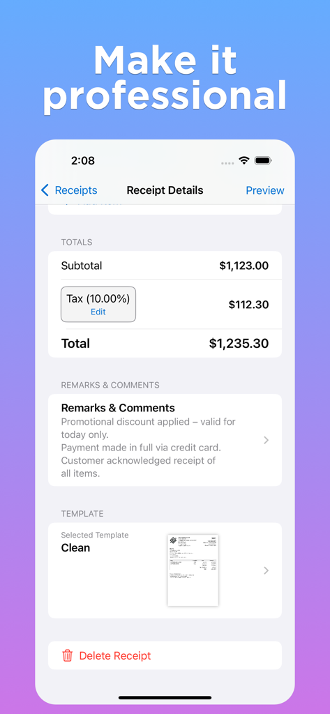 Receipt Maker Generator - Receipt Maker app screen displaying subtotal tax and professional template selection