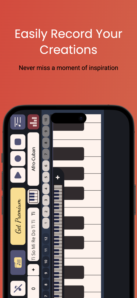 Simple Arranger Keyboard - Interfaz de grabación de la aplicación Teclado Arreglista Simple que muestra teclas de piano y controles MIDI.