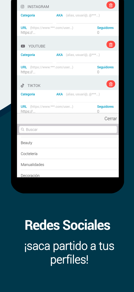 Yobalia - Yobalia app screen for linking Instagram YouTube and TikTok profiles to a professional CV