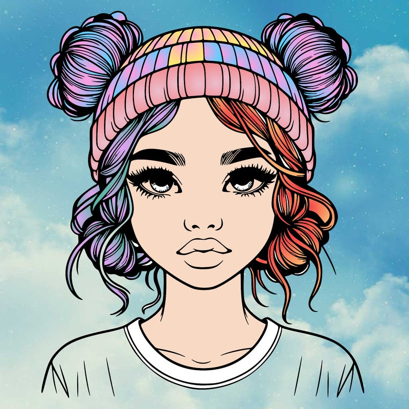 realistic girl with buns in her hair with a beanie on