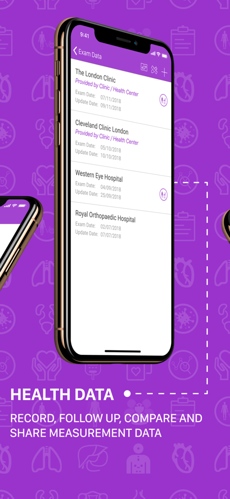 Una interfaz móvil de la aplicación Dr. Here Online que muestra datos históricos de exámenes médicos de diferentes clínicas.