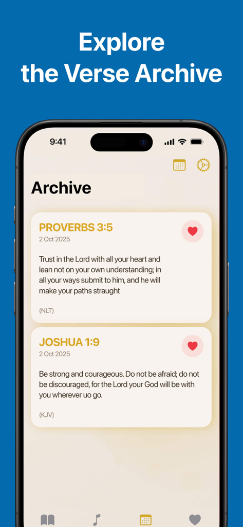 Bible Recap Tara Leigh Cobble - Mobile app screen displaying a list of archived Bible verses including Proverbs and Joshua with heart icons for favorites