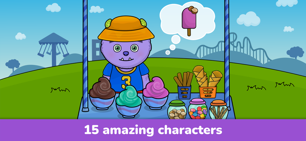 A purple cartoon character serving ice cream at a stall in an educational game for toddlers
