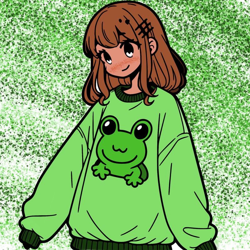 girl wearing frogging sweatshirt