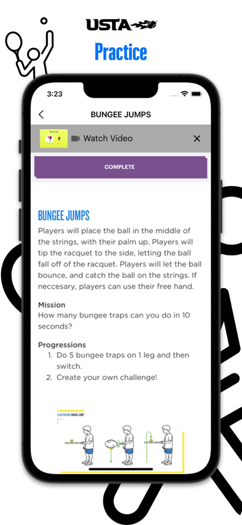 USTA Tennis - USTA Tennis app practice screen showing bungee jumps drill instructions and diagram