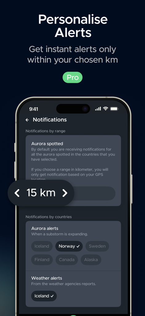 Hello Aurora - Aurora Forecast - Hello Aurora app screen showing personalized alert settings for northern lights notifications by distance and location