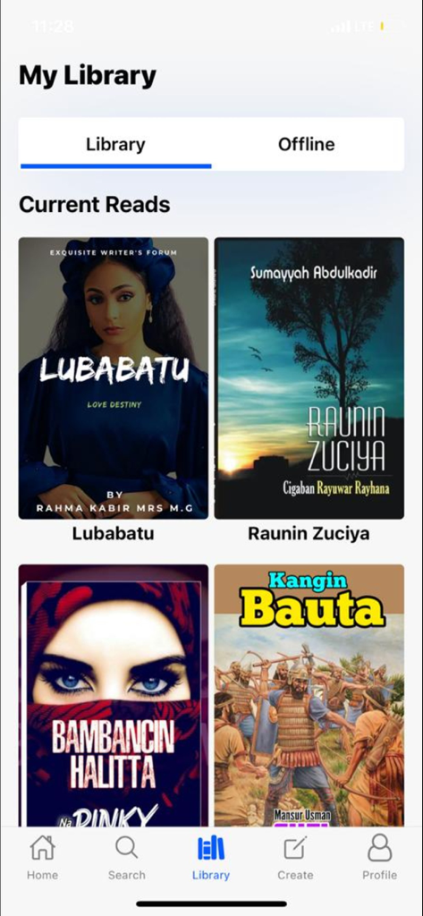 ArewaBooks - Interfaccia della libreria dell'app ArewaBooks che mostra le letture correnti con varie copertine di libri in Hausa e Inglese