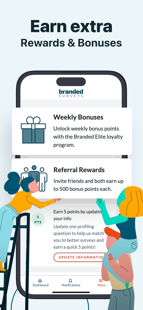 ユーザー向けの週次ボーナスと紹介報酬を強調するBranded Surveysアプリのインターフェース